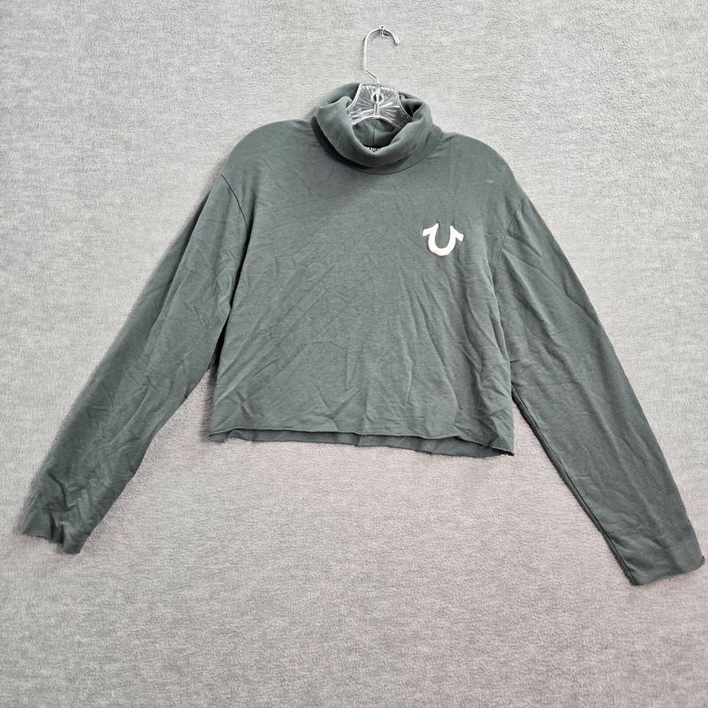True Religion Women Sweater Medium Green Turtleneck Crop Long Sleeve